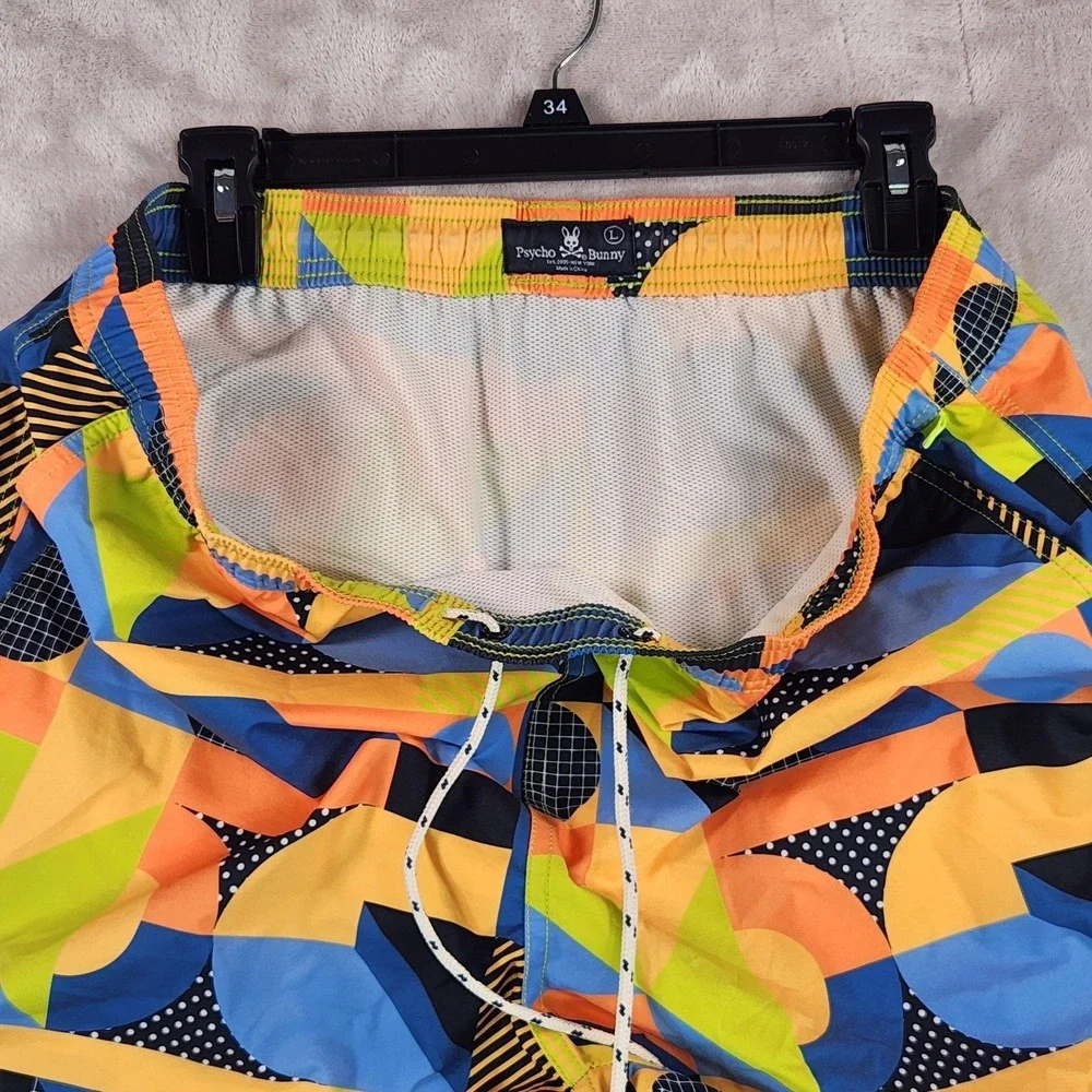 Psycho Bunny Swim Trunks Mens Large Multicolor Geo Print Lined Drawstring Beach